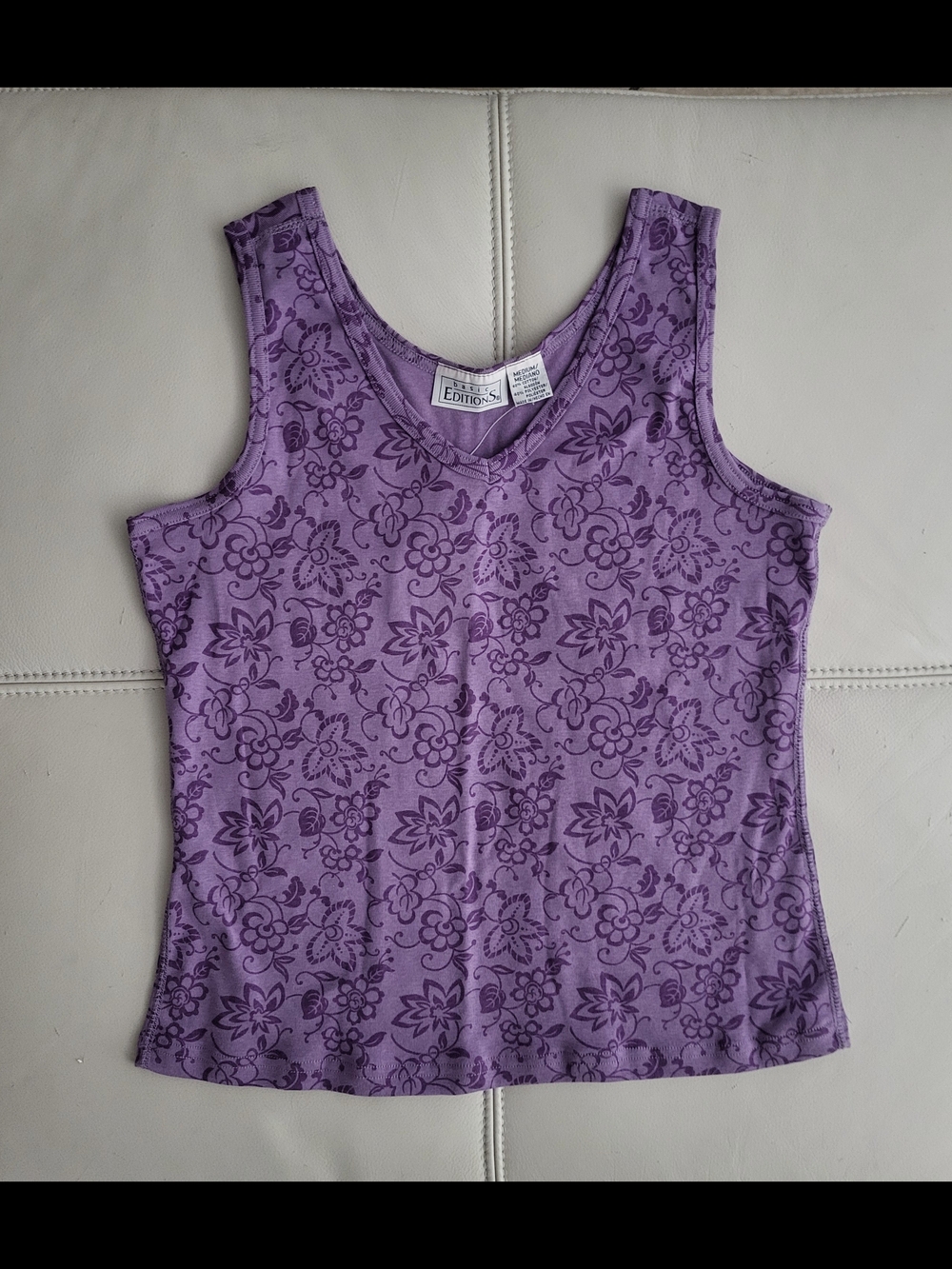 Basic Editions Purple Floral V-Neck Tank Med NWT